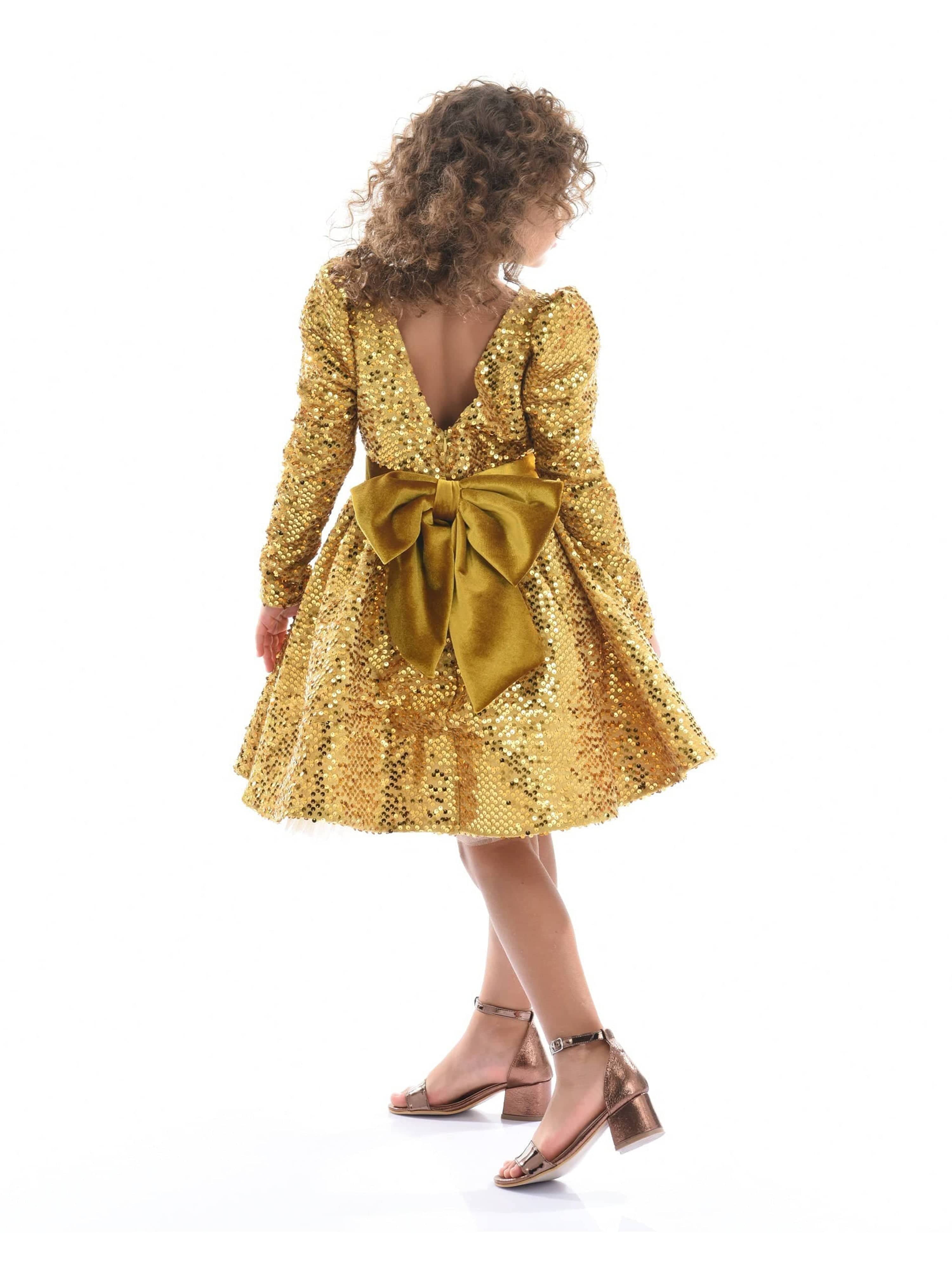 Gold Merribrook Sequin Bow Dress | Childsplay Clothing Gold Merribrook Sequin Bow Dress | Childsplay Clothing