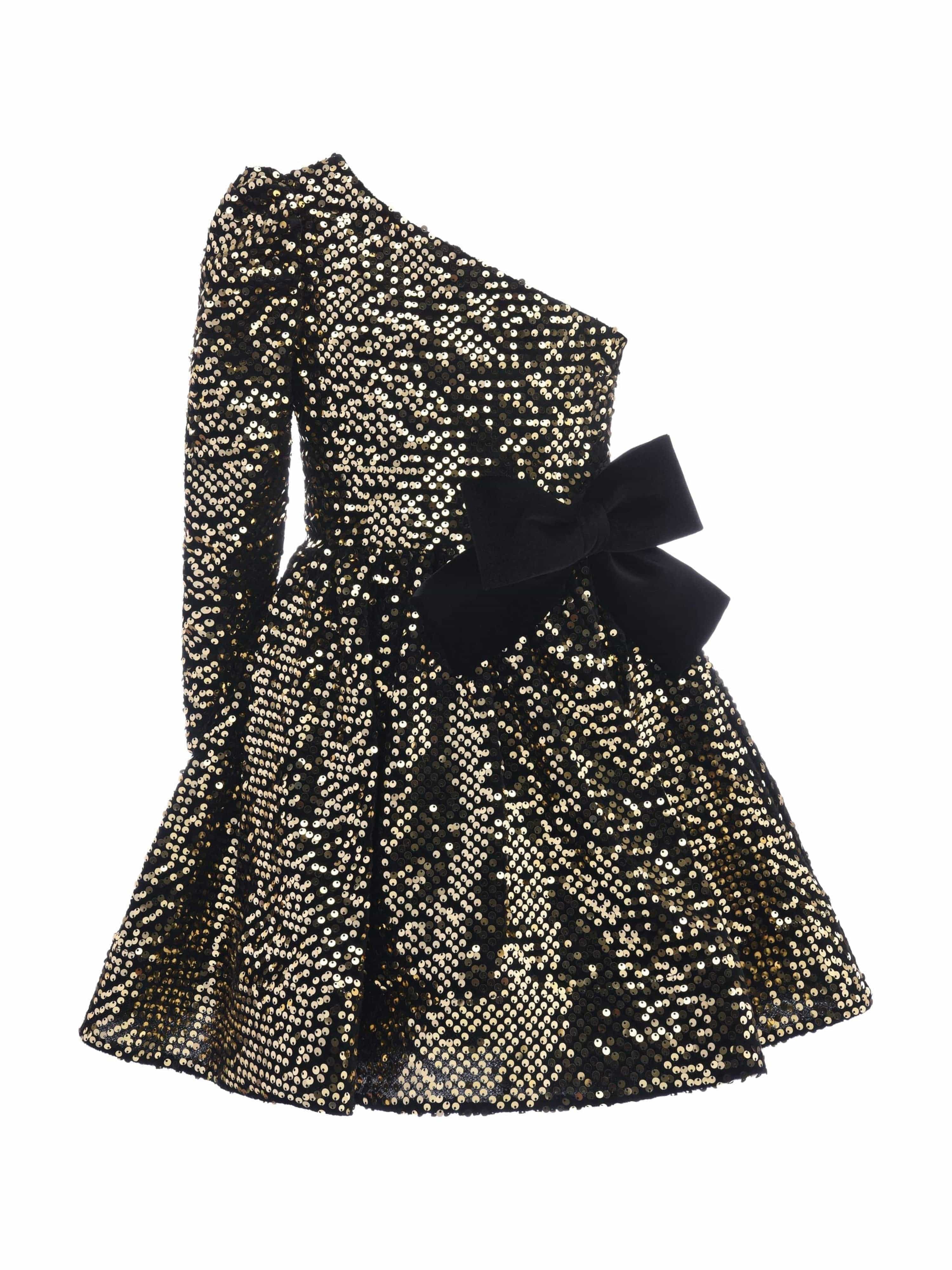 Black Gold Sequin Bow Zoria Dress