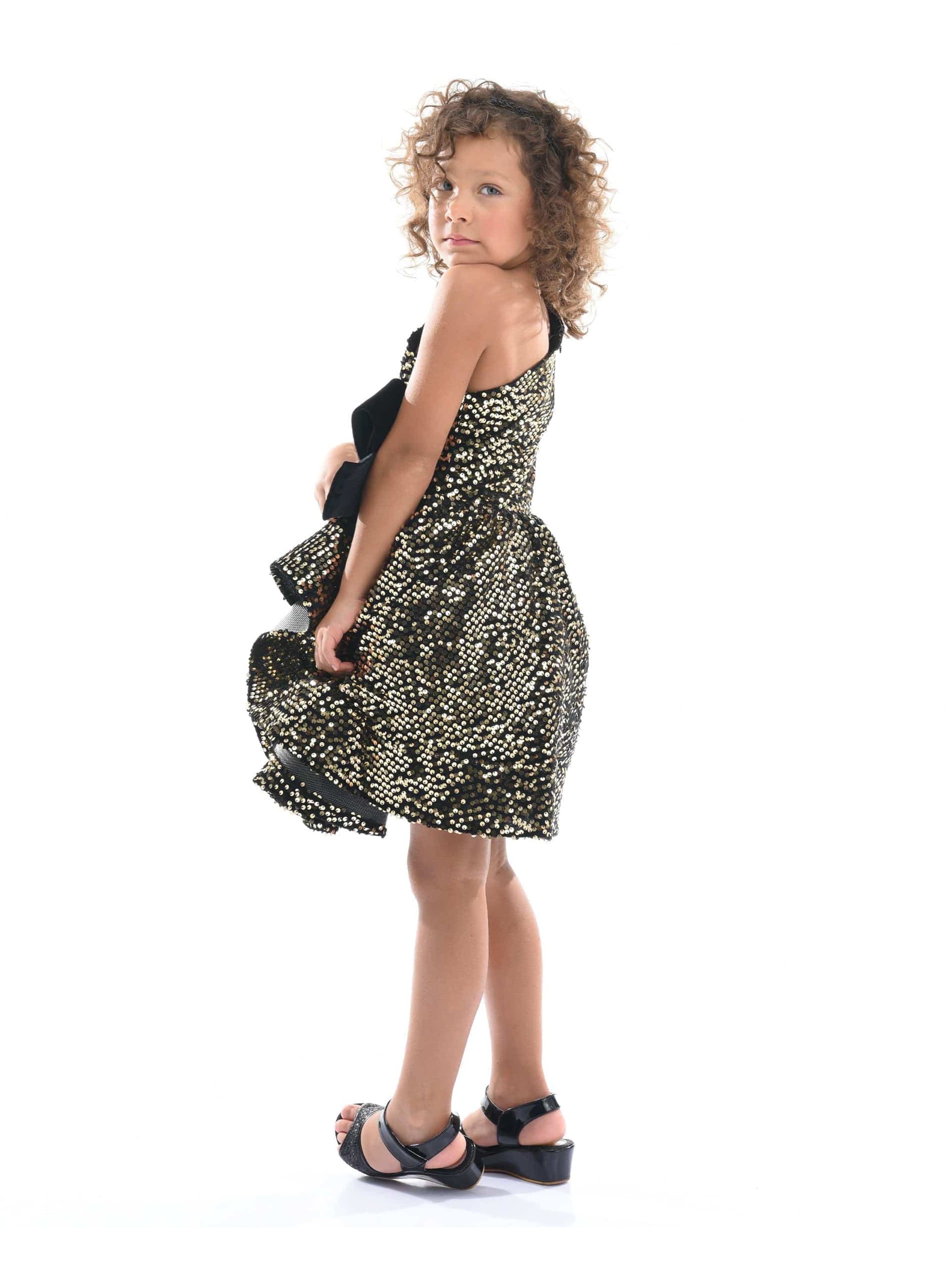 Black Gold Sequin Bow Zoria Dress