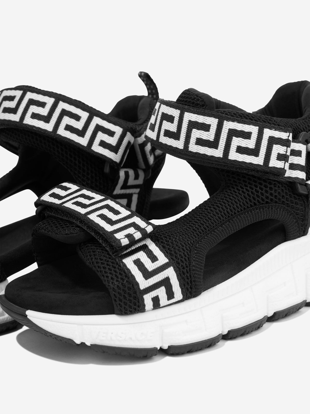 Versace Kids Greca Strap Sandals in Black | Childsplay Clothing display picture 1