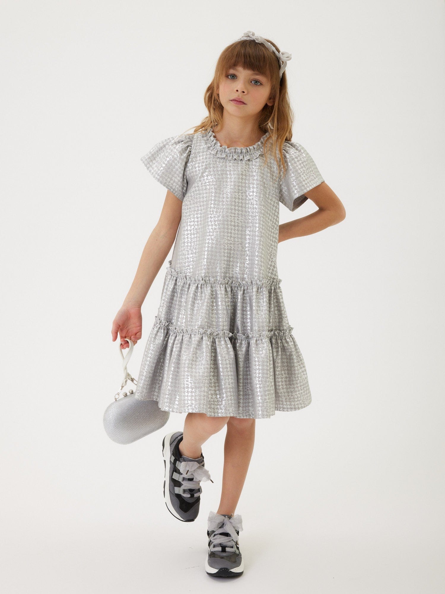 Monnalisa Monnalisa Girls Houndstooth Jacquard Dress in Silver