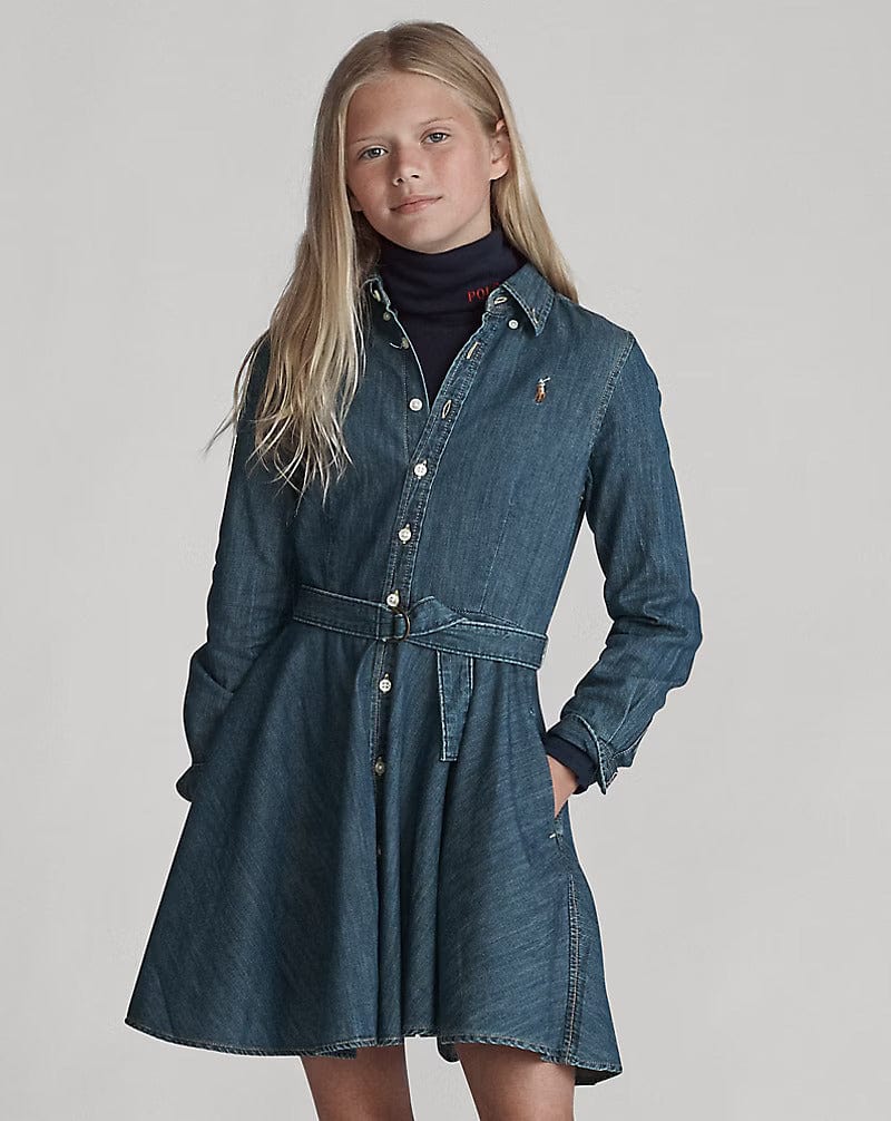 ralph lauren dress denim Ruffle Detail Chambray Tencel Dress S / Denim Blue