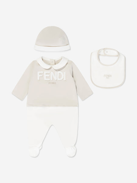 Fendi Baby Logo Babygrow Gift Set in Beige | Childsplay Clothing