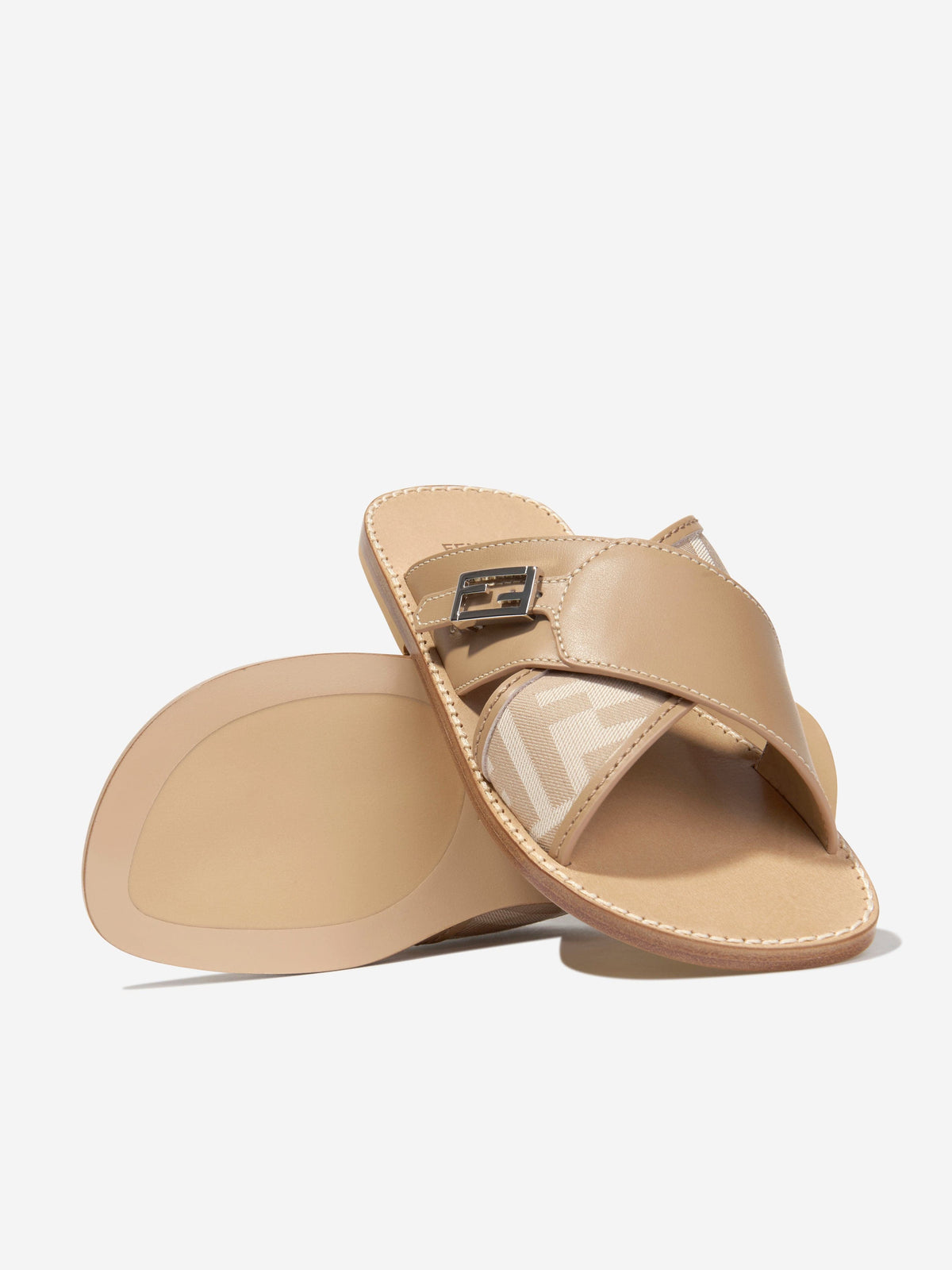 Fendi Girls Leather FF Logo Sandals in Beige | Childsplay Clothing