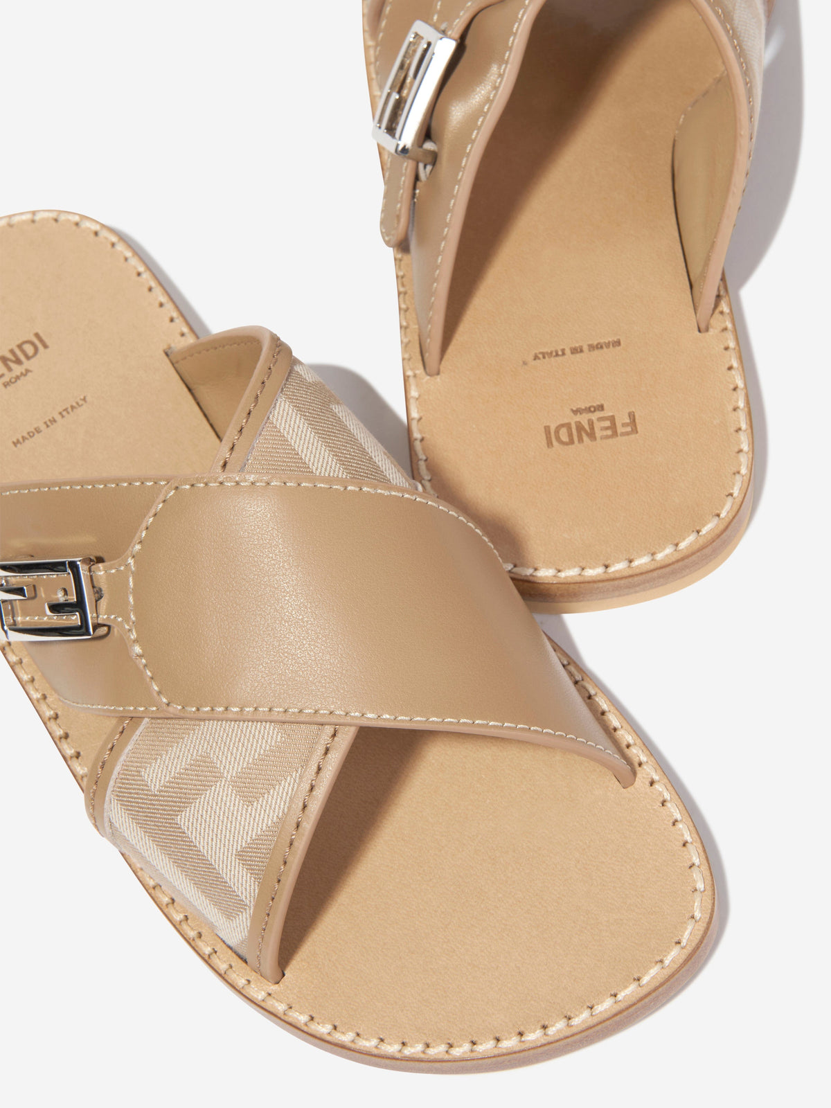 Fendi Girls Leather FF Logo Sandals in Beige | Childsplay Clothing